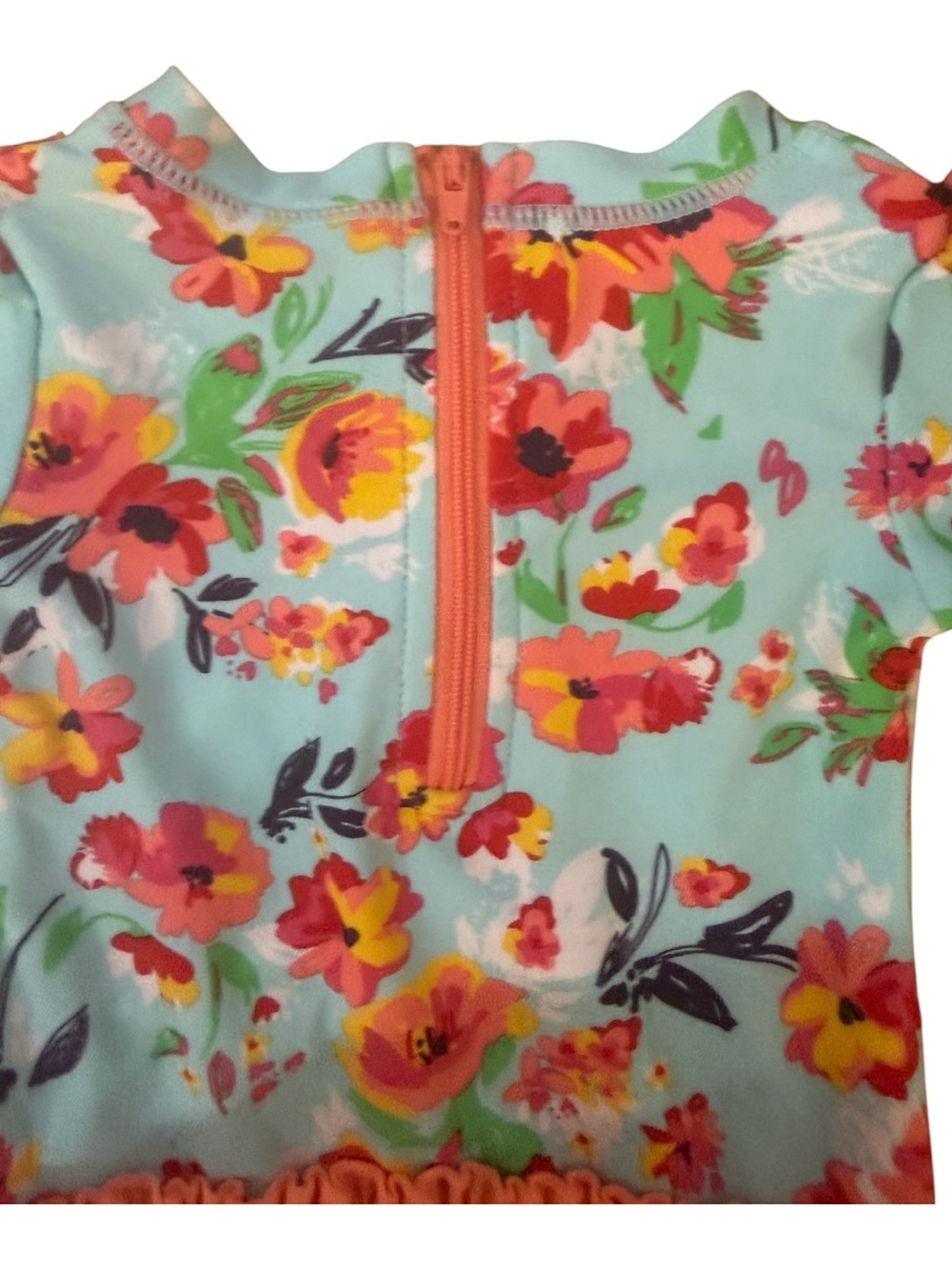 Ruffle Butts Light Blue Floral Long Sleeve Swim Suit with Pink & Yellow Flowers - Picture 10 of 12